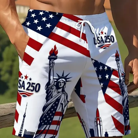 Men's Independence Day themed swim trunks, flag print beach shorts, 250th Anniversary Independence Day casual beach shorts, quick-drying lightweight summer swimwear with pockets, Pockets Swimming Shorts