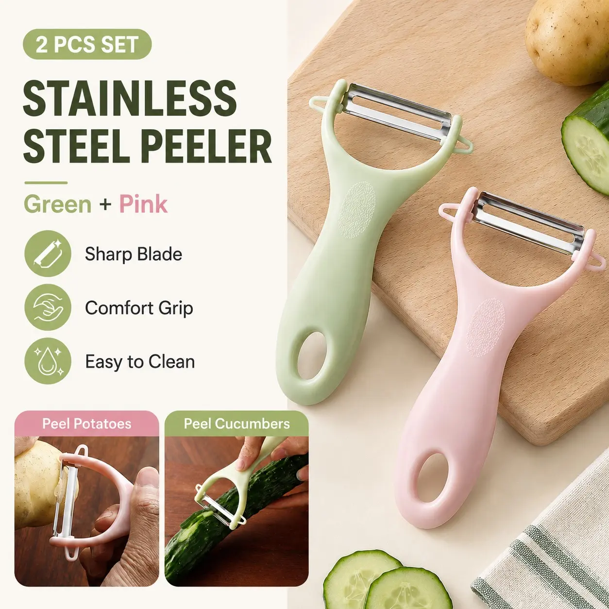 2-piece stainless steel Y-shaped fruit and vegetable peeler set, ergonomically designed easy-grip handle, lightweight and portable kitchen prep tool, perfect for peeling potatoes, carrots, cucumbers, and apples, creative peeler, stainless steel peeler