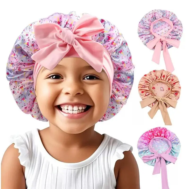 Youth Reversible Soft Satin Sleep Bonnet - Double-Sided Luxury, Adjustable Long Band, Retro Printed Bow Tie, Haircare Wrap Cap for Daily Rest, Bath (Sports Headband Accessory)