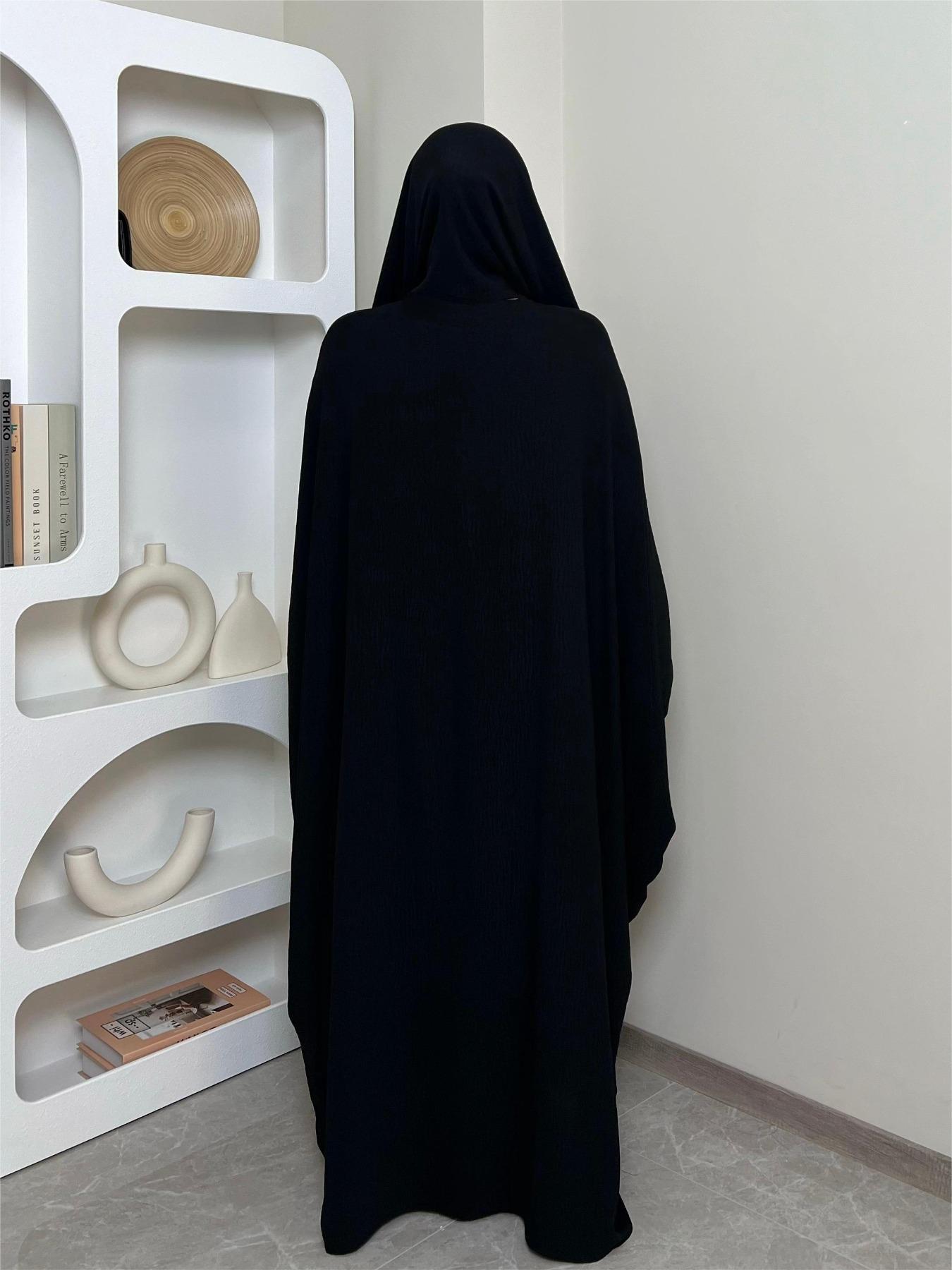 Women's Solid Color Zipper Front Batwing Sleeve Abaya & Hijab Two-Piece Set, Modest Long Sleeve Round Neck Maxi Abaya & Hijab, Women's Islamic Clothing for All Seasons, Abaya Dress Set