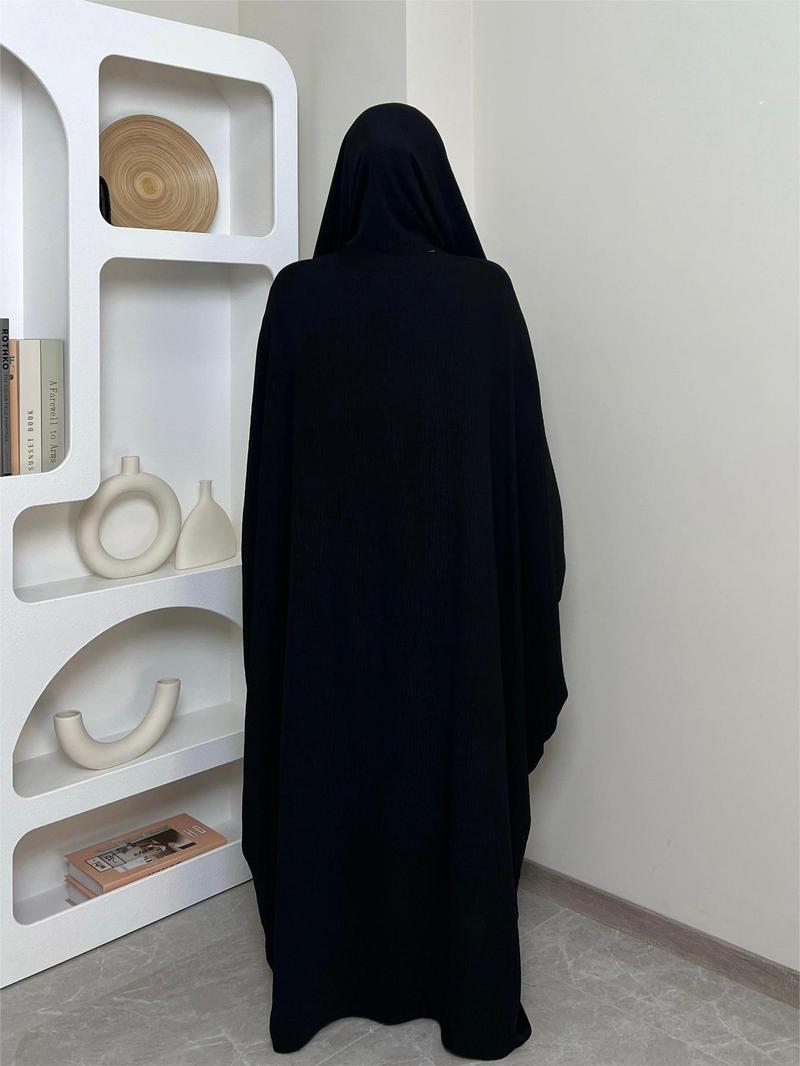 Women's Solid Color Zipper Front Batwing Sleeve Abaya & Hijab Two-Piece Set, Modest Long Sleeve Round Neck Maxi Abaya & Hijab, Women's Islamic Clothing for All Seasons, Abaya Dress Set