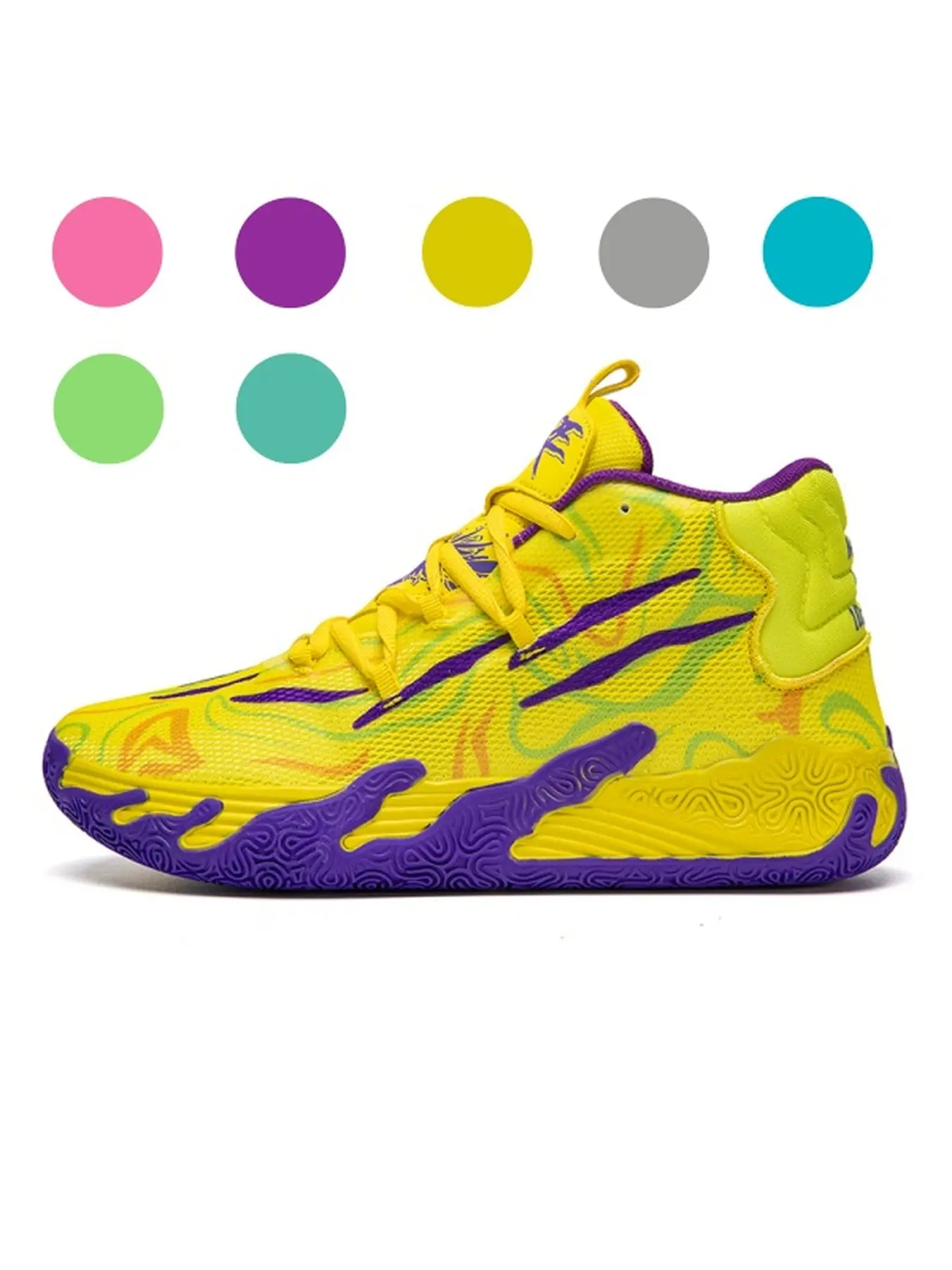 Women Yellow Purple Graffiti Print High Top Athletic Basketball Shoes Breathable Mesh Shock Absorbing Midsole Wave Texture Non-Slip Rubber Outsole Performance Sneakers