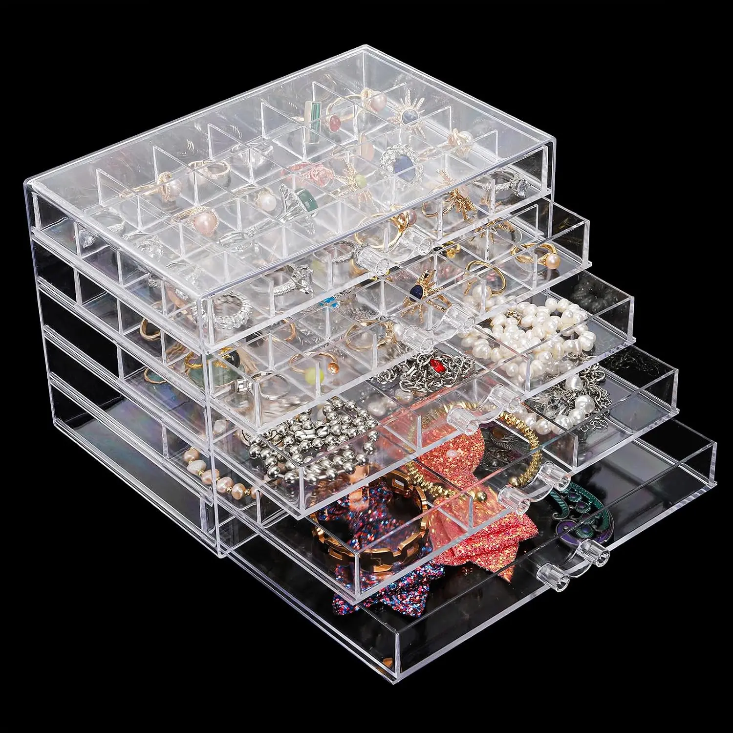 Storage Box Earring Holder with 5 Drawers, 61 Grids  Organizer Tray Clear Ring Display Case for Beads,  Tips, Women Girls