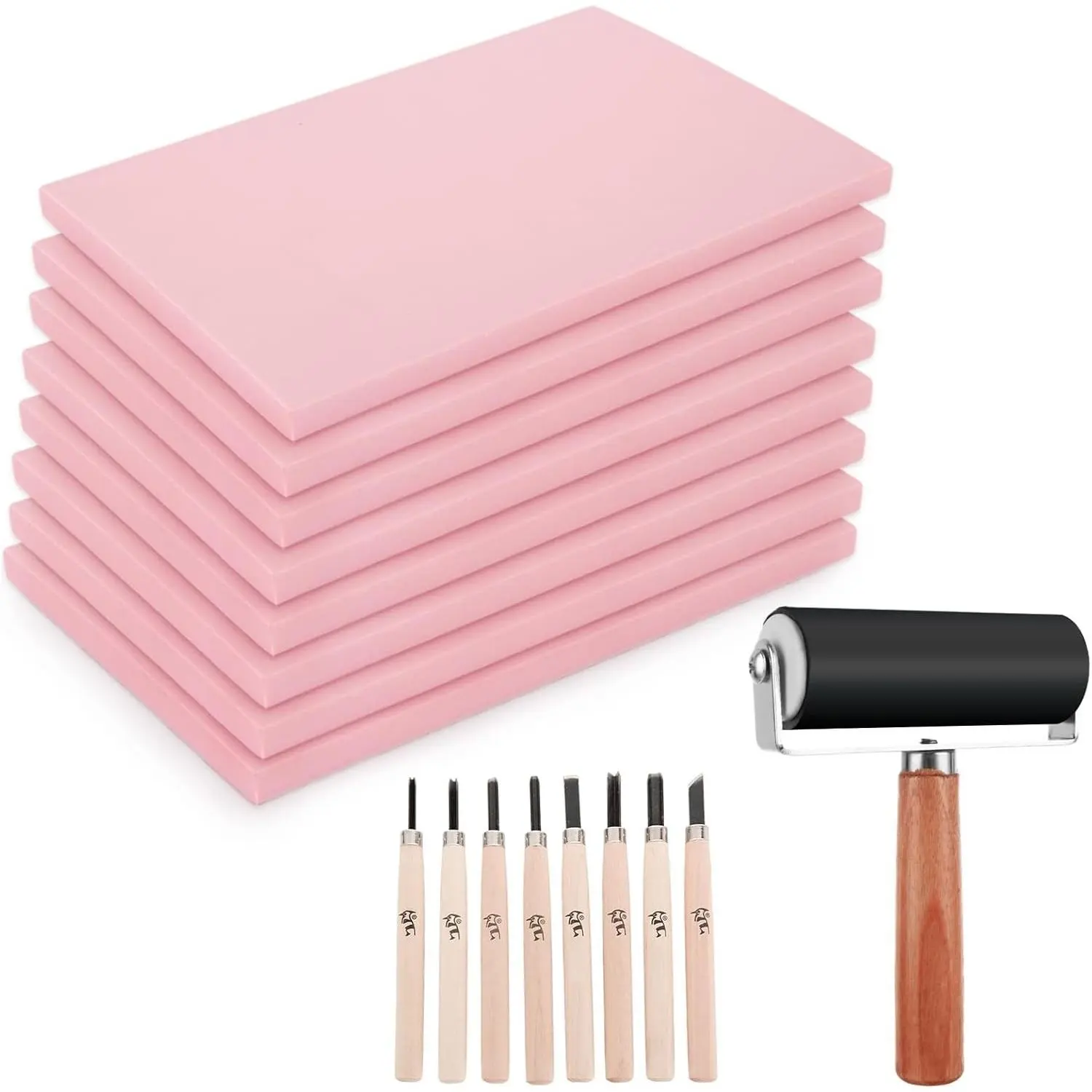 8PCS 4x6 Inch Linoleum Carving Blocks for Printmaking, Soft Rubber Linocut Block Stamp Making Kit with Wood Carving Tools & Rubber Brayer Roller for DIY Crafts