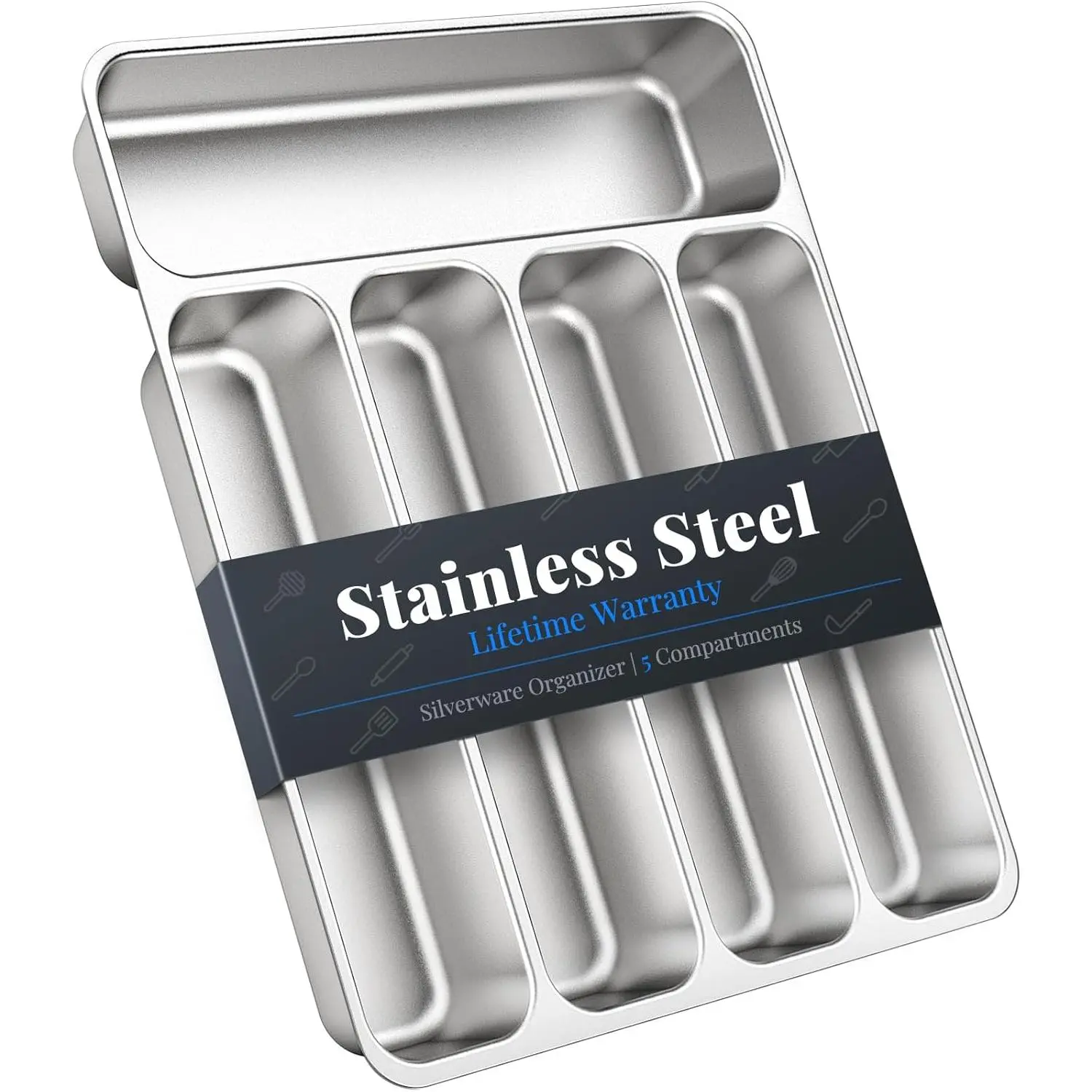 Silverware Organizer Stainless Steel Utensil Drawer Organizer with 5 Compartments for Kitchen, Dishwasher Safe, Holds Spoons Forks Knives (13.8" x 11.4" x 1.6", Silver)