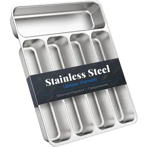 Silverware Organizer Stainless Steel Utensil Drawer Organizer with 5 Compartments for Kitchen, Dishwasher Safe, Holds Spoons Forks Knives (13.8" x 11.4" x 1.6", Silver)
