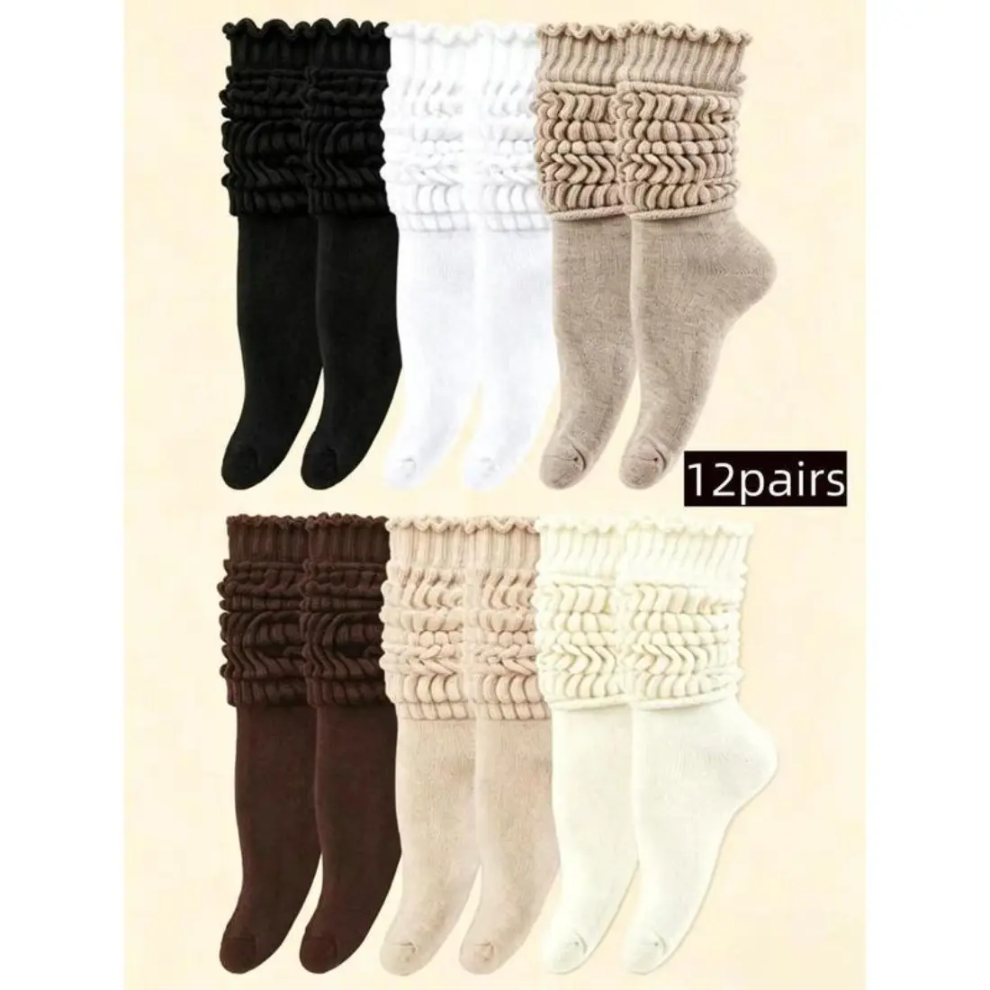 12 Pairs Women's Slouch Socks, Extra Long Chunky Knit Scrunch Knee High Socks with Frilly Lettuce Trim, Retro 80s 90s Y2K Fashion, Cozy Boot Socks Compatible with Boots and Sneakers for Streetwear, Dance, Hiking and Everyday Outdoor Wear