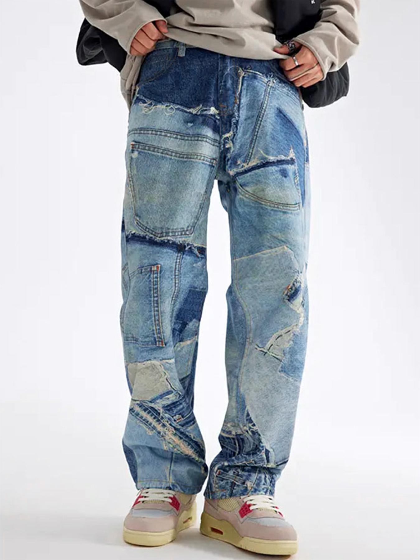 Unisex Men's Denim-Effect Print Pocket Straight Leg Pants, Loose Street Fashion Casual Button Fly Trousers for Daily Wear, Mens Bottoms for All Seasons, Street Style, Menswear, Streetwear, Ripped Jeans