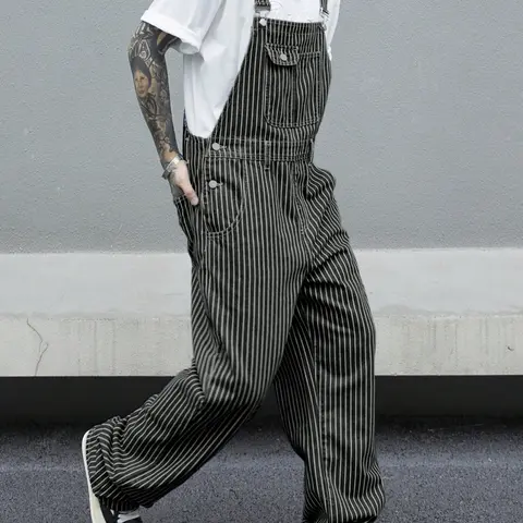 Men's Casual Striped Utility Denim Bib Overalls, Adjustable Shoulder Straps, Perfect for Work & Leisure Wear, Comfortable Fit, Fashion Casual Overalls