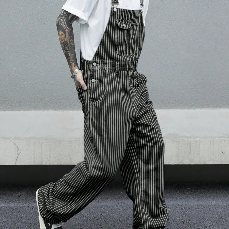 Men's Casual Striped Utility Denim Bib Overalls, Adjustable Shoulder Straps, Perfect for Work & Leisure Wear, Comfortable Fit, Fashion Casual Overalls