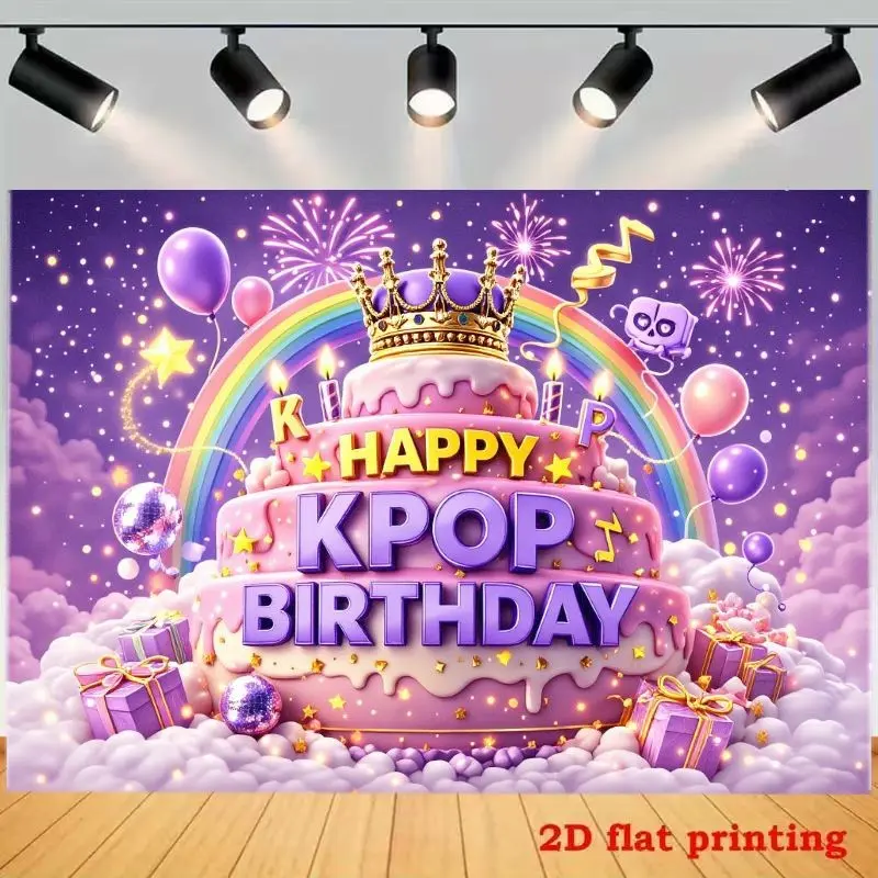 K-Pop Theme Birthday Background Cloth, Three-Layer Cake Crown Note Star Print, Music Party Decoration, Polyester, Multiple Sizes Available