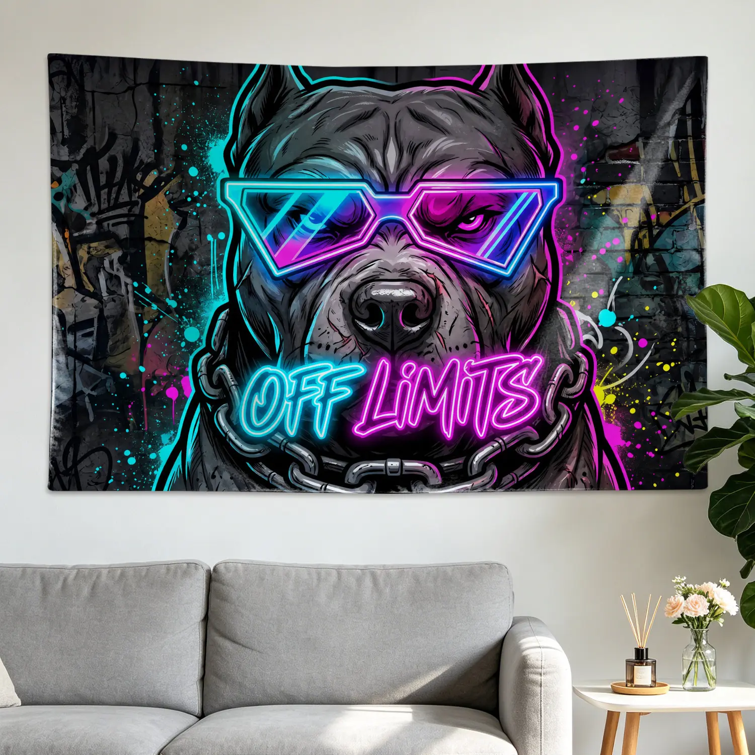Neon Pitbull Graffiti Artwork Wall Tapestry - Multi-Size Large Printed Horizontal Polyester Blanket, Easy-Installation Wall Decor, Room Decor Gift Idea for Family, One-Piece