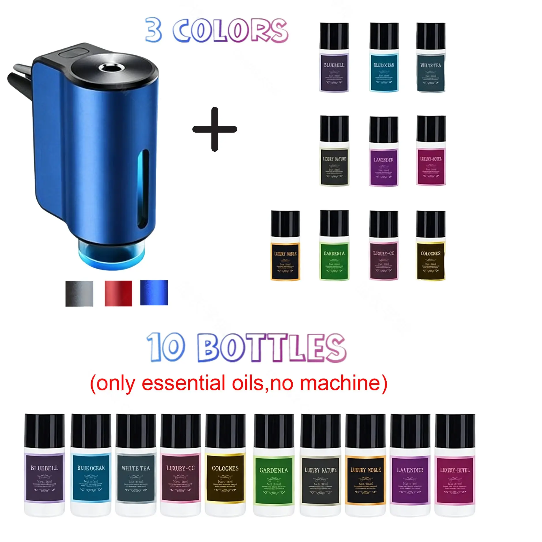 Smart Car Air Freshener Diffuser – 3-in-1 USB Rechargeable Aroma Device with LED Light, 3-Level Intensity Control & Essential Oil Set for Long-Lasting Car Fragrance Premium Vehicle Accessories Car Scent Diffuser