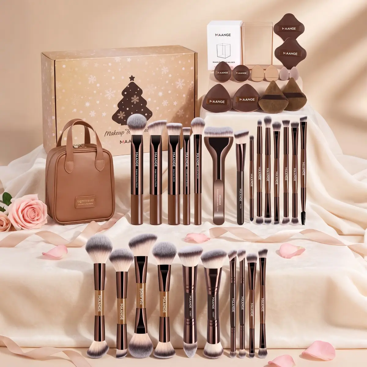 Maange Professional Makeup Brush Set, 24 Pieces + 12 Puffers + Storage Box + Handbag, Gift for Women and Girls, Makeup Tools Kit