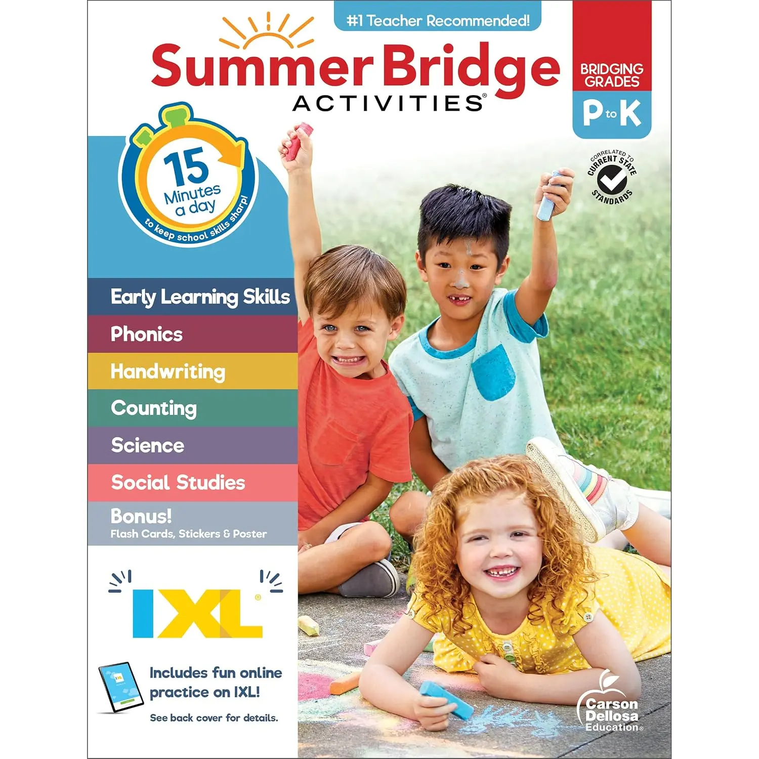 Summer Bridge Activities Preschool to Kindergarten Learning Activity Book for Ages 4-6, with Math, Phonics, Handwriting Practice, Fitness, Flash Cards, Stickers, Skill Building, Online IXL & Sticker Chart