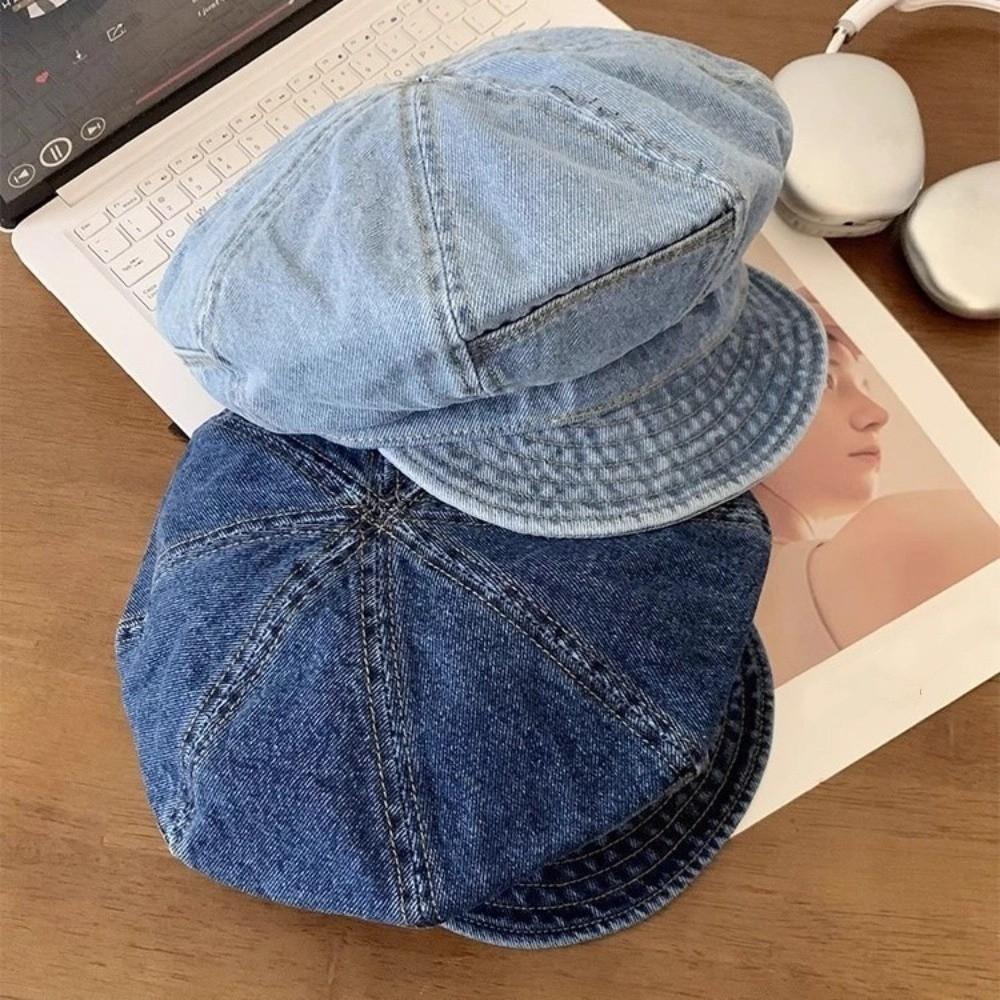 Fashion Vintage Washed Denim Beret Cloud Newsboy Octagonal Cap Visor Artist Peaked Hat Women