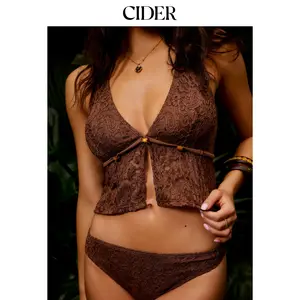 Cider Lace Halter Neckline Floral Cheeky Bikini Set With Beaded Detail
