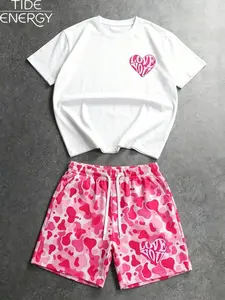 Men's Y2K Camo Two-Piece Set, Menswear Short Sleeve T-Shirt with 'love You' Heart Print, Matching Camo Shorts, Casual Streetwear