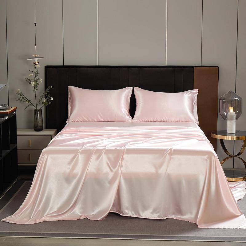 Solid Color Satin Bedding Set, Satin Bed Sheets, 3/4 Counts Luxury Includes 1 Flat Sheet, 1 Fitted Sheet, and 1/2 Pillowcase without Filler, Room Accessories Soft Mattress Protector, Twin, Full, Queen, King #TOP PICKS