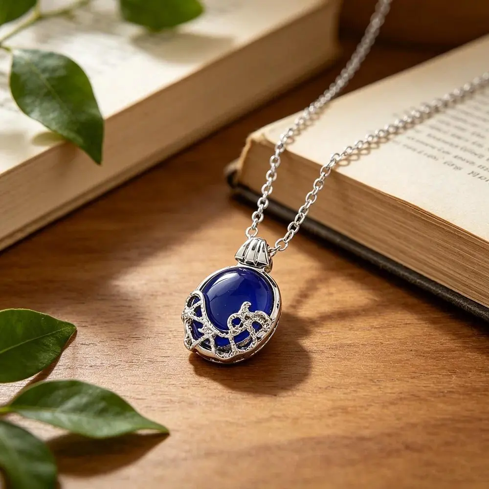 The Vampire Diaries Daylight Necklace, Katherine Pierce Lapis Lazuli Blue Gem Pendant Necklace, Vintage Silver Plated Cosplay