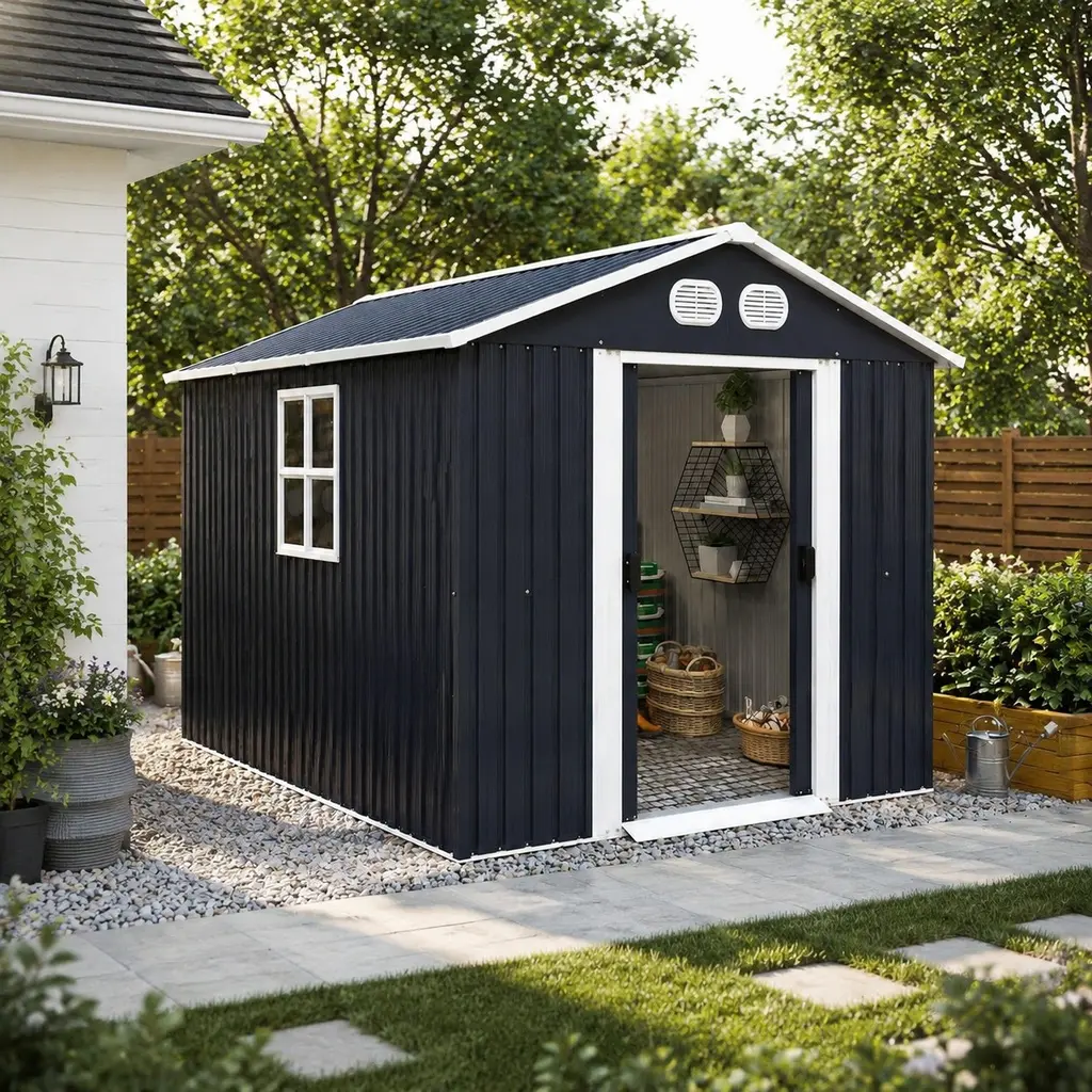 ARCH Campcraft 8x12 FT Outdoor Metal Storage Shed, 133.86" W x 87.64" D x 76.77" H, 233.02 lbs, Water Resistant Outdoor Storage with Sturdy Frame, Lockable Door, Easy Assembly for Lawn & Backyard, Dark Gray