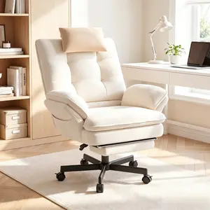 Stylish Cloud Cross Legged Chair, Beige Velvet Swivel Chair with Full Accessories, 135° Recline, Flip Armrests, Headrest and Foot Rest, Practical Furniture for Home Office Decor