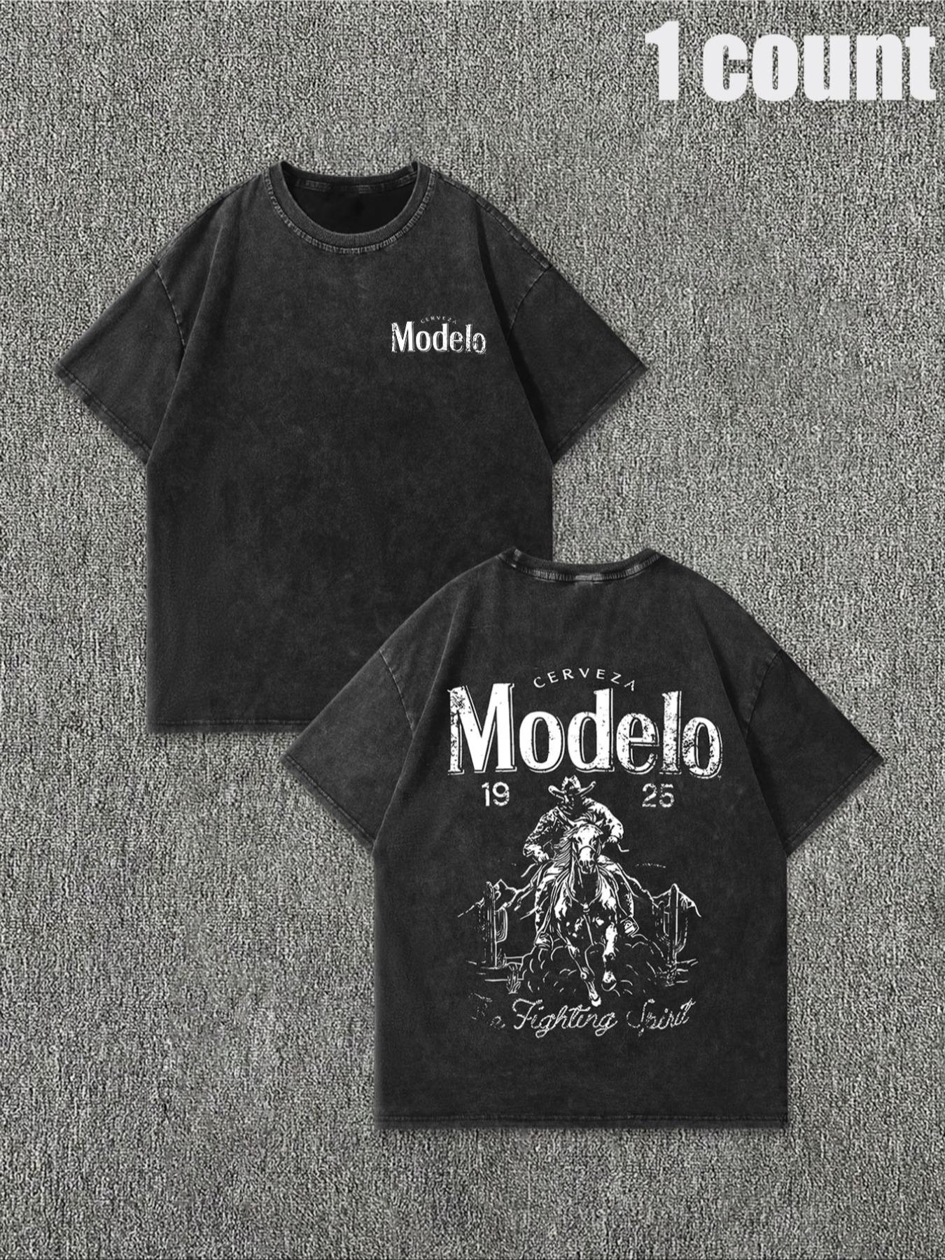 Men's Vintage Letter & Cowboy Print Casual Graphic Design Short Sleeve Tee, Casual Loose Retro T-shirt for Daily Wear, Menswear for All Seasons, Men's Graphic Tees