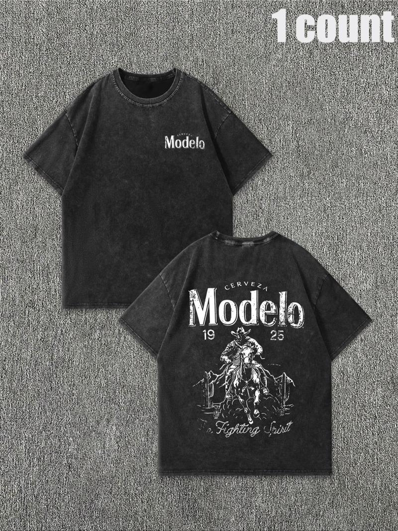 Men's Vintage Letter & Cowboy Print Casual Graphic Design Short Sleeve Tee, Casual Loose Retro T-shirt for Daily Wear, Menswear for All Seasons, Men's Graphic Tees