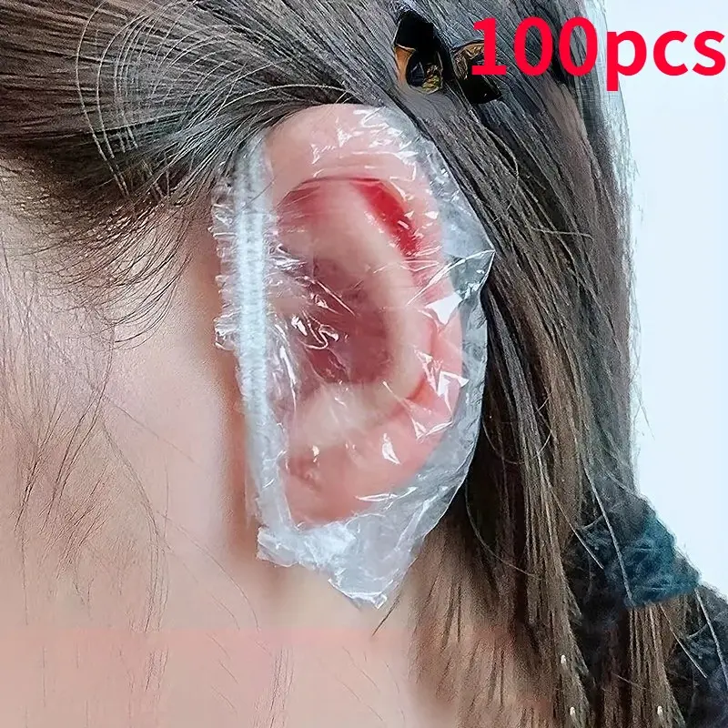 100 disposable transparent waterproof ear covers, protect ears while washing hair, showering, or dyeing hair; prevents water after ear piercing, for use in hair salons