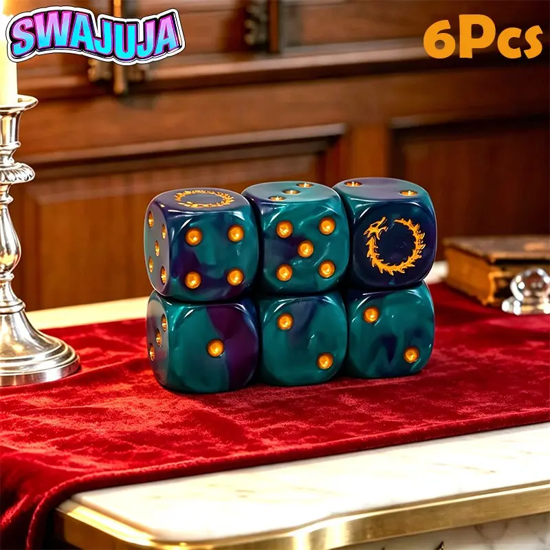16mm Teal & Purple Resin D6 Dice Set | Galaxy Swirl with Solar Eclipse & Gold Inked Pips | 6-Pack RPG Dice for Tabletop Games, Parties & Board Games