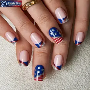 24Pcs Patriotic Flag Press On Nails, Short Square Glossy Fake Nails, Red White Blue Glitter Nail Set, Reusable Easy Wear False Nails for 4th of July, Independence Day Parade, USA Themed Party & Holiday Nail Art Decoration