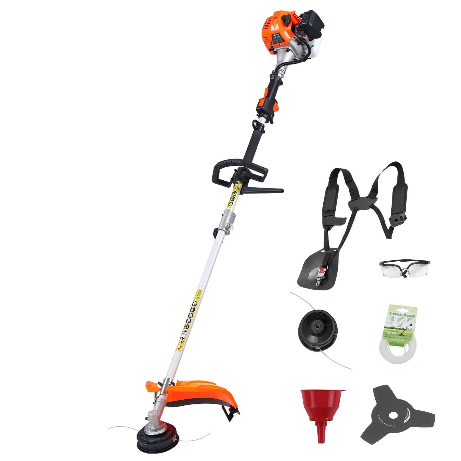 VEVOR String Trimmer, 26cc 2 in 1 Weed Wacker Gas Powered, 17" Cordless Grass Trimmer with 10" Brush Cutter, Shoulder Strap 3T Blade, 2-Stroke Heavy-Duty Gas Weed Wacker for Quick Grass Cleaning