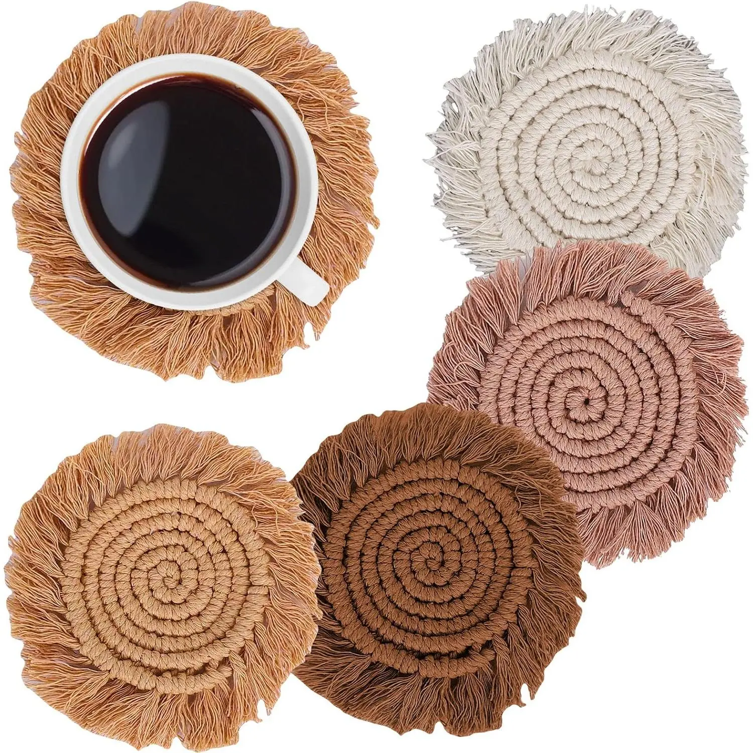 Handmade Macrame Coasters Set of 4, Boho Woven Drink Coasters with Tassels for Home Kitchen and Table Decor