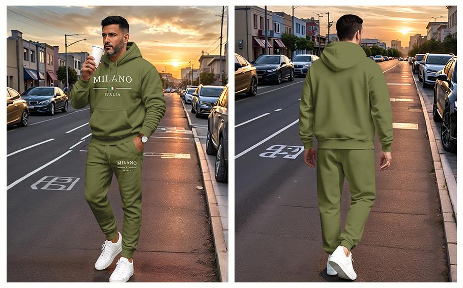 Men's Milano Letter Printed Hoodie and Drawstring Sweatpants Set, Menswear, Casual Athletic Long Sleeve Hooded Jacket & Trousers for Fall & Winter, Men's Clothing for Daily Wear, Sportswear Indoor Outdoor, Tracksuit, Athleisure Summer Clothes 02