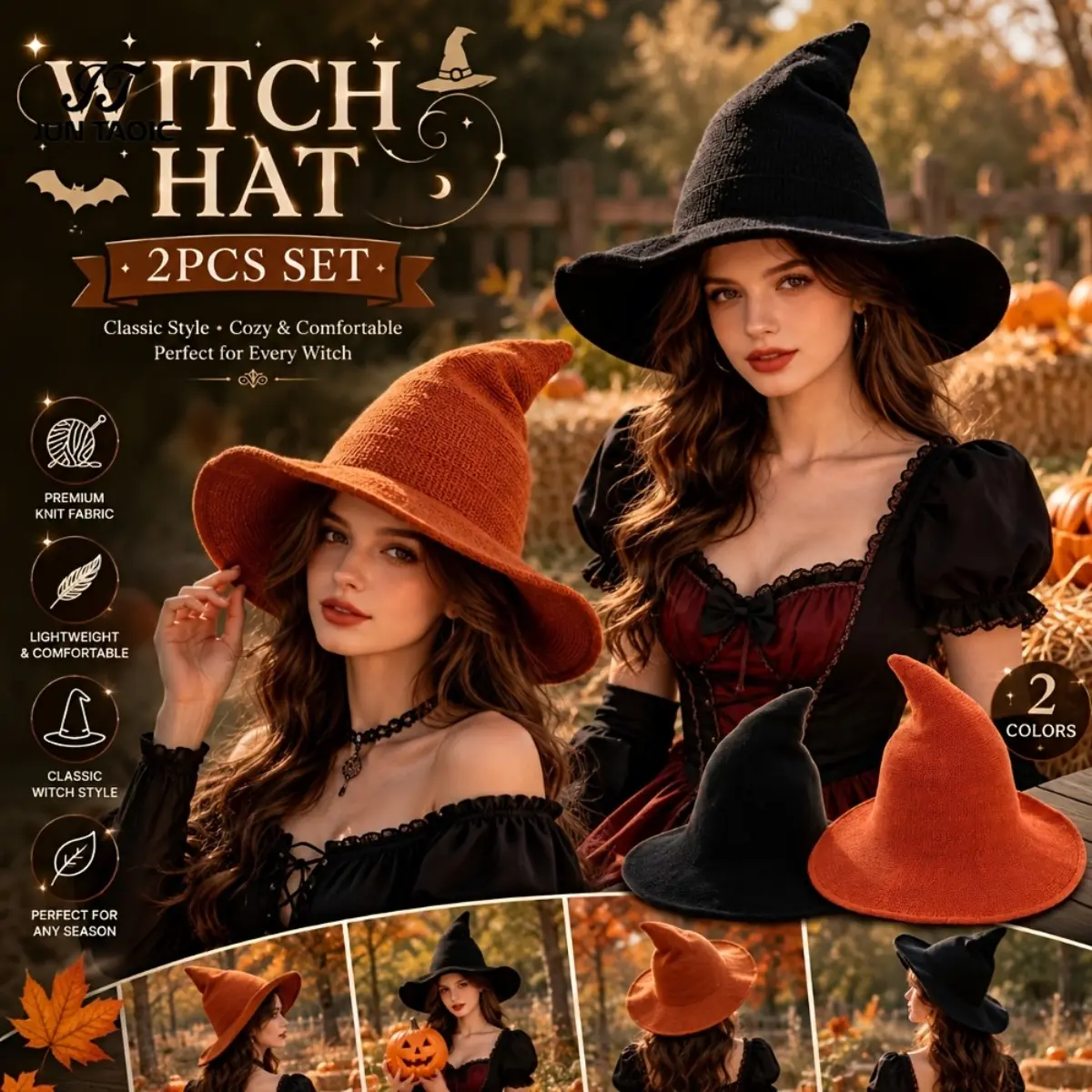 2Pcs Halloween Witch Hat, Foldable Wizard Hat, suitable for Halloween, Cosplay, Pie and Fall Daily Wear
