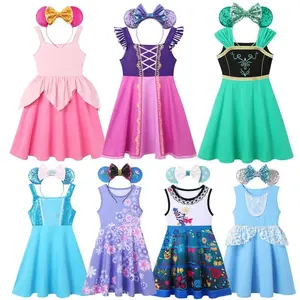 Girls Elsa Anna Casual Dress With Headband Girls Summer Cotton Daily Oufits Vestidos Children Sleeveless Colorful Costumes Dress