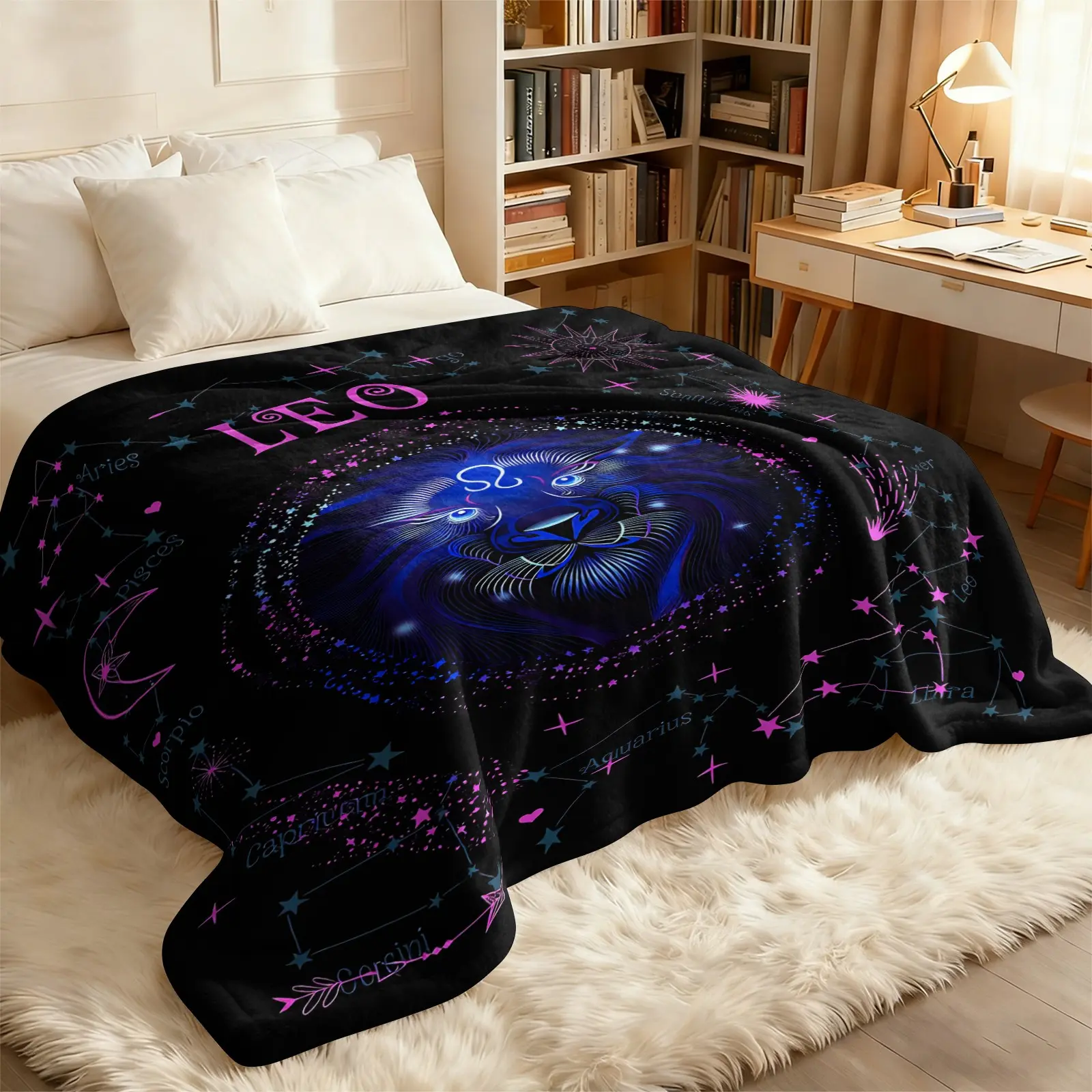Leo Zodiac Lion Starry Constellation Print Flannel Blanket, Oversized Multi-Functional Lightweight Air Conditioning Throw, Soft Fleece for Home Napping Travel Camping Outdoor, Astrology Lover Aesthetic Gift