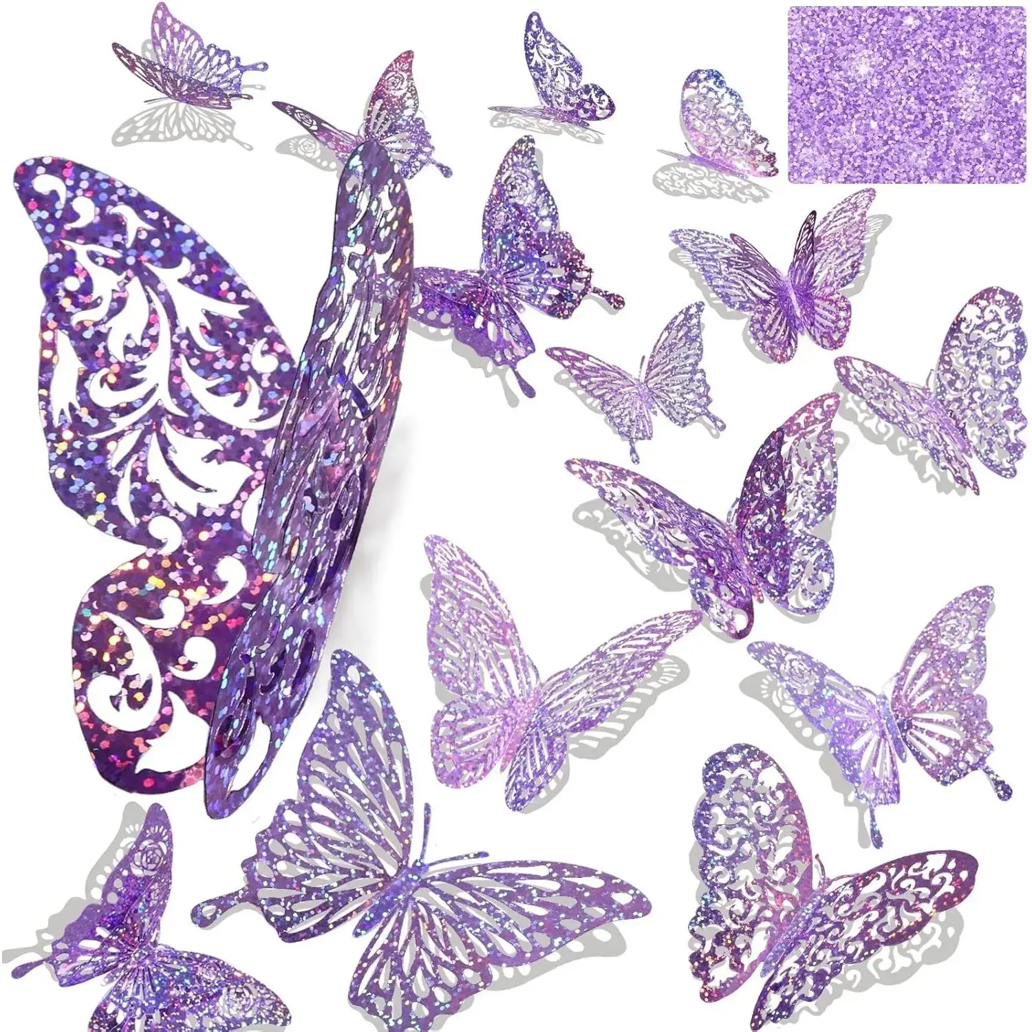60 count 3D Sequined Purple Butterfly Wall Decor Stickers, Butterfly Decorations 5 Styles 3 Sizes, Holographic Butterflies Decor Butterfly Backdrop for Dorm Room Wedding Decor(Sequined Purple)