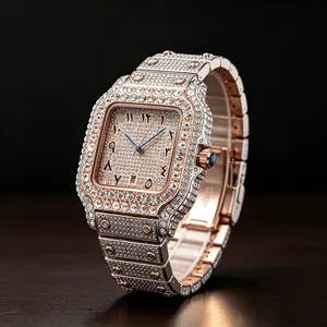 Unisex Fully Iced Out Santos Square Watch Two Tone Rose Gold Silver Full Paved Crystal Arabic Numeral Dial Hip Hop Bling Square Wrist Watch For Men Women Jewelry Gift