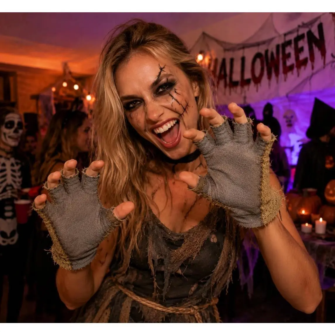 Creepy Scarecrow Halloween Gloves Scary Skull Burlap Costume Handwear for Zombie Witch Wizard Demon Party Cosplay(Gift)