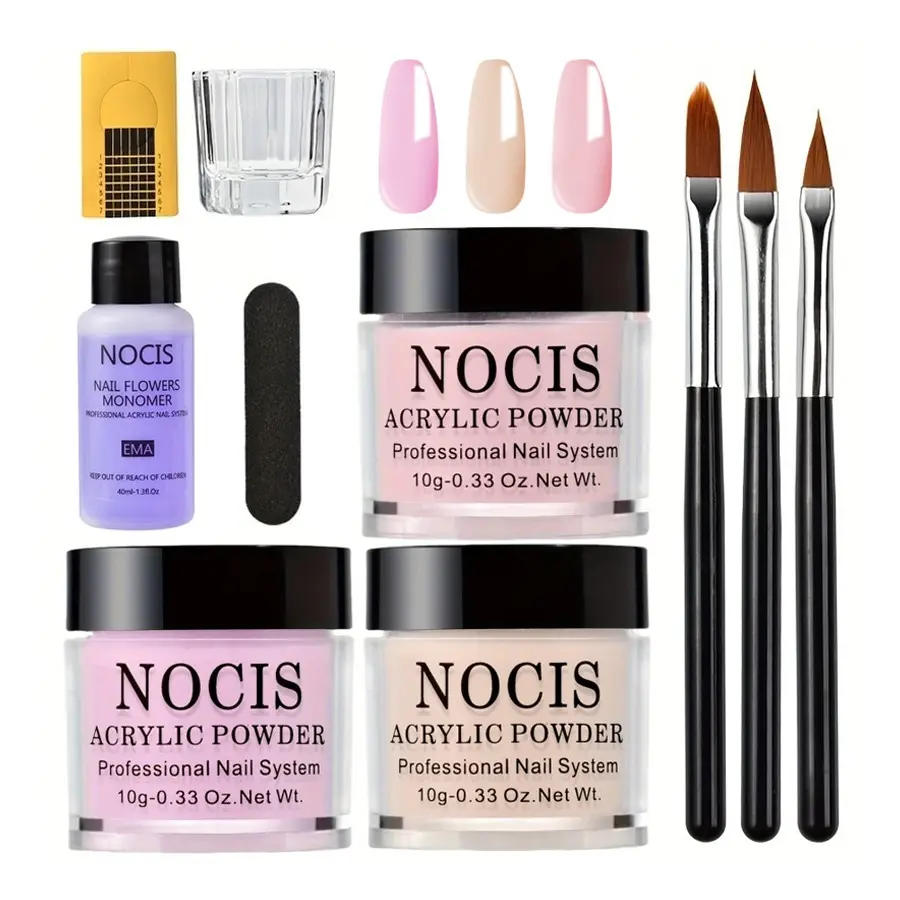 Nocis 3 Color Crystal Powder Kit, Transparent Nude Series, 10g Per Jar, Includes 40ML Liquid, Nail Brush, Cup, File, DIY Manicure, Acrylic Dip Powder