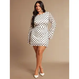 Plus Size - Plus Size - Plus Size Women'S Polka Dot Crew Neck Mesh Dot Print  Sexy Long Sleeve Fashionable Elegant Spring And Summer Dress, Christmas, Women'S Dress, Sexy Dress, Women'S Skirt, Formal Plus Size Dress