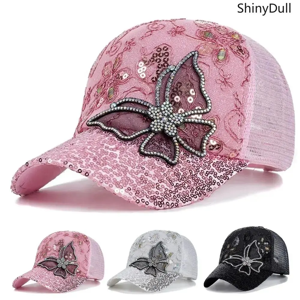 Women's Classic Baseball Hat with Glitter Butterfly - Breathable Mesh Fitted Cap, Rhinestone Sun Protection Casual Hat & Outdoor Sport Accessory