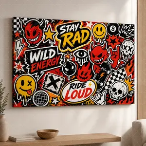 "Stay Rad Graffiti Canvas Art| Red Black Skull Devil Print, Aesthetic Teen Room Decor, Skate Culture Statement Poster Gift",wall decor,poster.