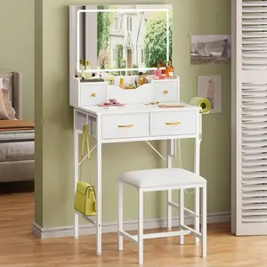 60cm Large Mirror Vanity Table With 4 Fabric Drawers & Stool, White Makeup Dressing Desk With Power Outlet, 3 Color Adjustable Brightness LED Mirror (Powered By USB), Holiday Gift For Women Girls, Modern Glam Furniture For Bedroom