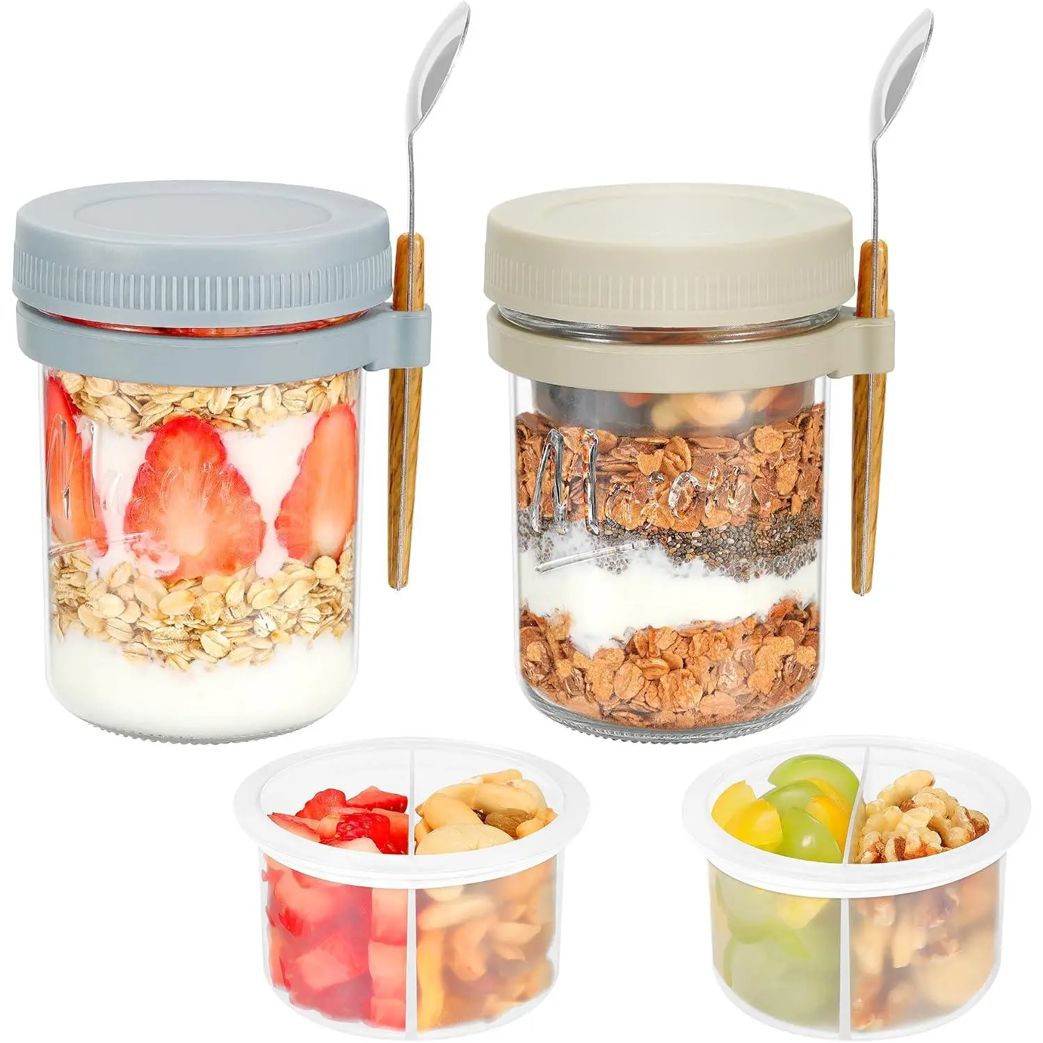 2 Pack 16oz Glass Overnight Oats Containers with  & Spoons | Airtight Overnight Oats Containers with Dry/Wet Separate Compartments, 16oz Mason Jars for  Seed Pudding, Yogurt Parfait