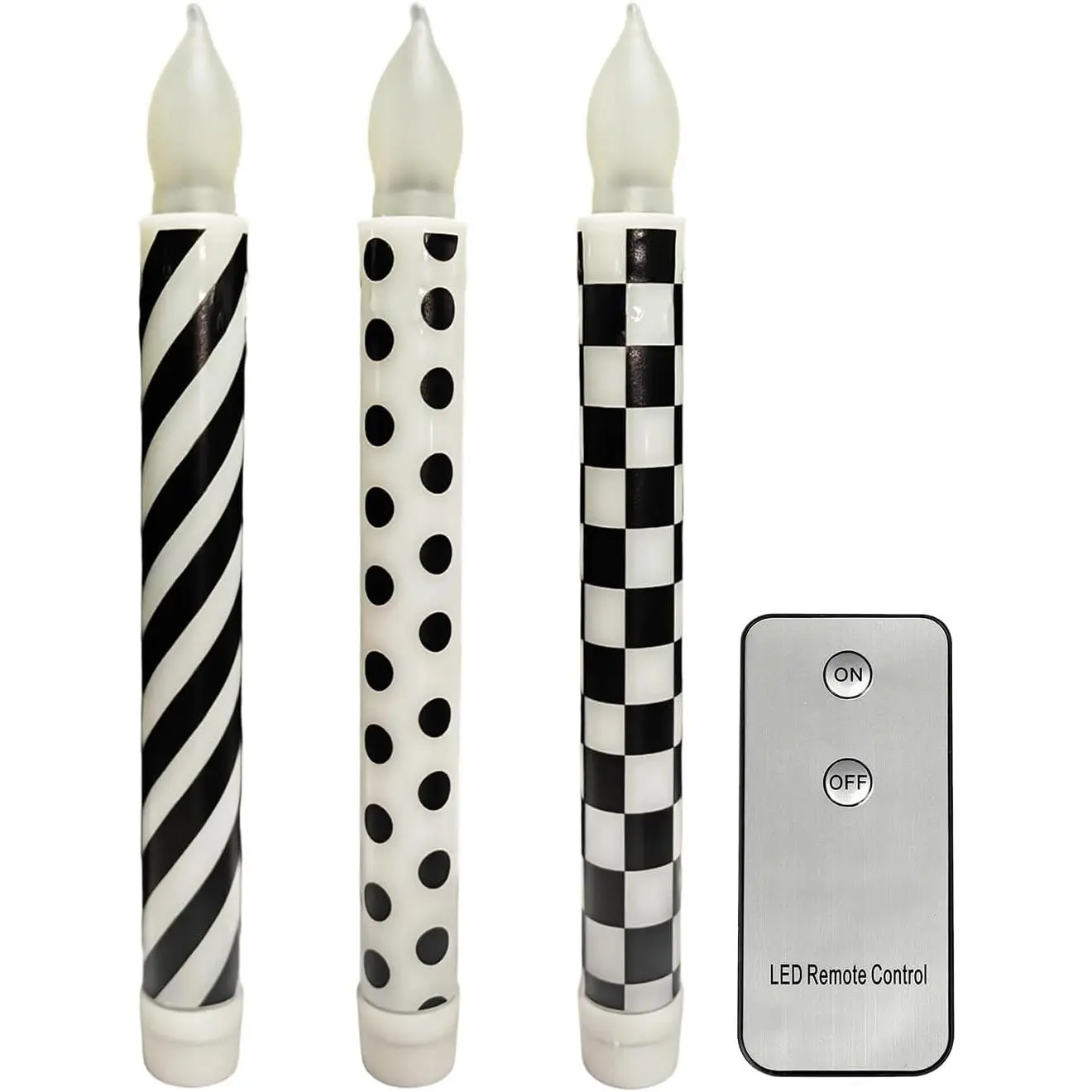8.3in Flameless Plastic Taper Candles Set (3-Count, Modern Checked Print) - Buffalo Decor, Christmas Wedding Tabletop Home Festive Supplies, 8.3 In
