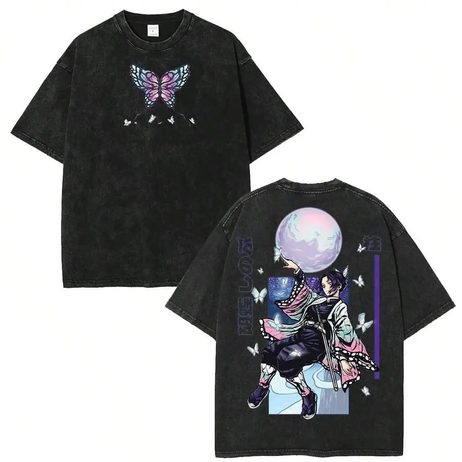 Anime Unisex Demon Slayer1 Shinobu1 Kocho1 Hashira Black Washed Cotton Oversized-Shirt, Unisex Anime Streetwear Tee Graphic Tees Camisetas