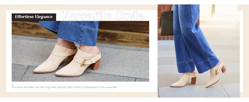 Coutgo Womens Mules Boots Chunky Stacked Heel Pointed Toe Booties Slip On Dress Boot Shoes with Buckle Decoration