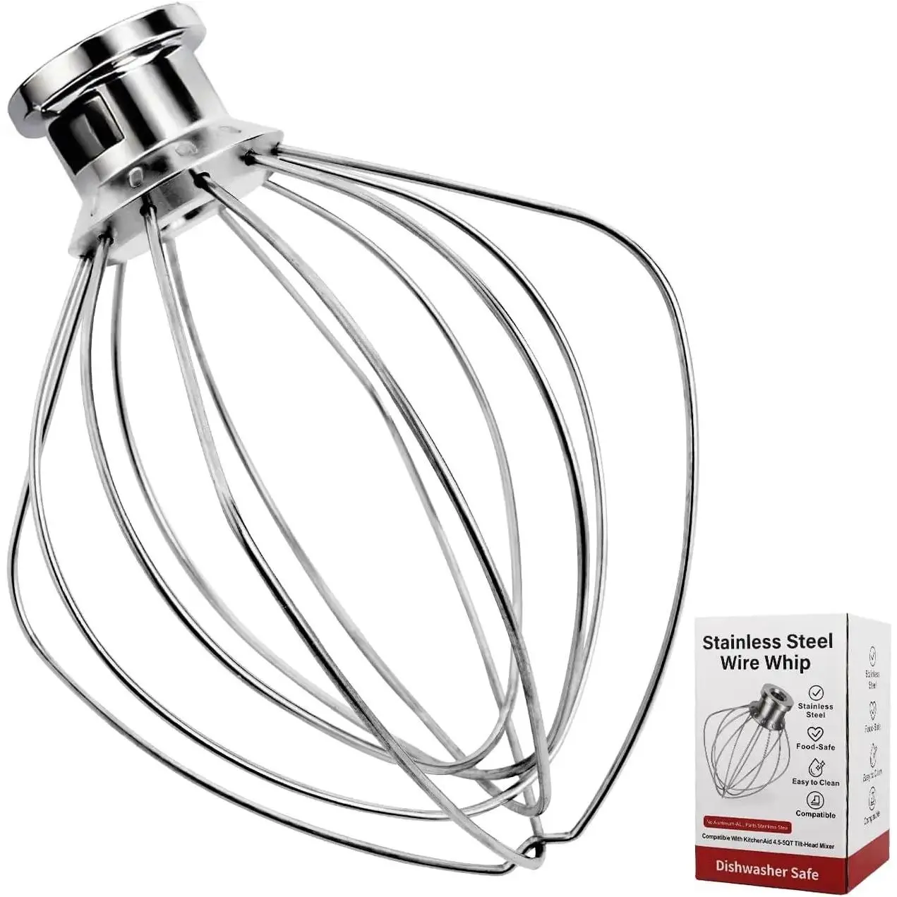 Whole Stainless Steel K45WW Whisk Attachment for KitchenAid 4.5-5 Tilt-Head Mixer, Dishwasher Safe Wire Whip for Aid